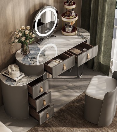 岩板马鞍皮轻奢风实木高级感梳妆台收纳一体现代简约卧室化妆桌 岩板马鞍皮轻奢风实木高级感梳妆台收纳一体现代简约卧室化妆桌