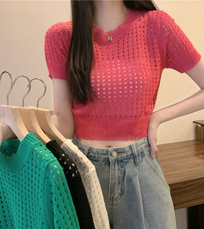 冰丝镂空纯色针织衫圆领薄款上衣 冰丝镂空纯色针织衫圆领薄款上衣