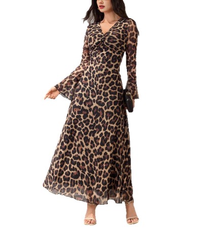 豹纹长袖连衣裙