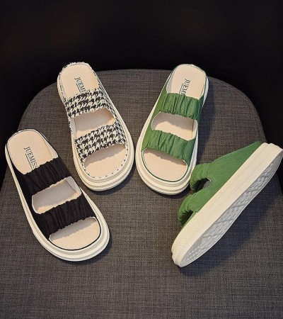 鱼嘴凉拖鞋女2023年夏季新款外穿时尚百搭休闲拖鞋松紧帆布平底鞋 鱼嘴凉拖鞋女2023年夏季新款外穿时尚百搭休闲拖鞋松紧帆布平底鞋